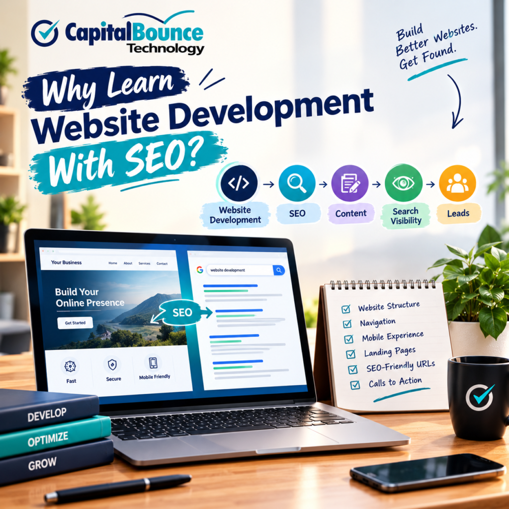 CapitalBounce Technology graphic showing why website development and SEO work together to improve search visibility and generate leads.