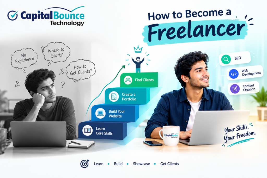 How to Become a Freelancer: Learn digital marketing skills, build a website, create a portfolio, and use your practical skills to attract clients and start freelancing.