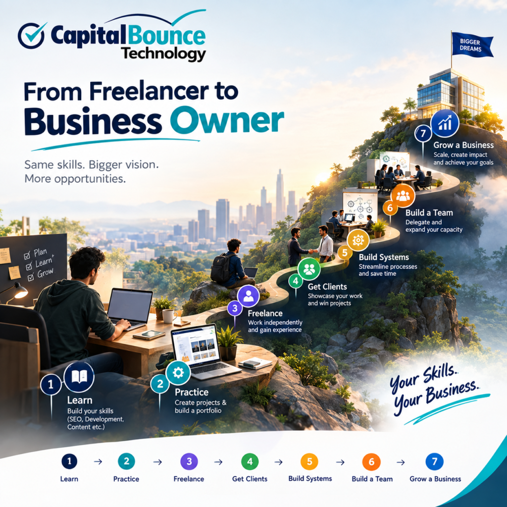 From Freelancer to Business Owner: A visual roadmap showing the journey from learning and practicing skills to freelancing, getting clients, building systems, building a team, and growing a successful business, with Capital Bounce Technology branding.