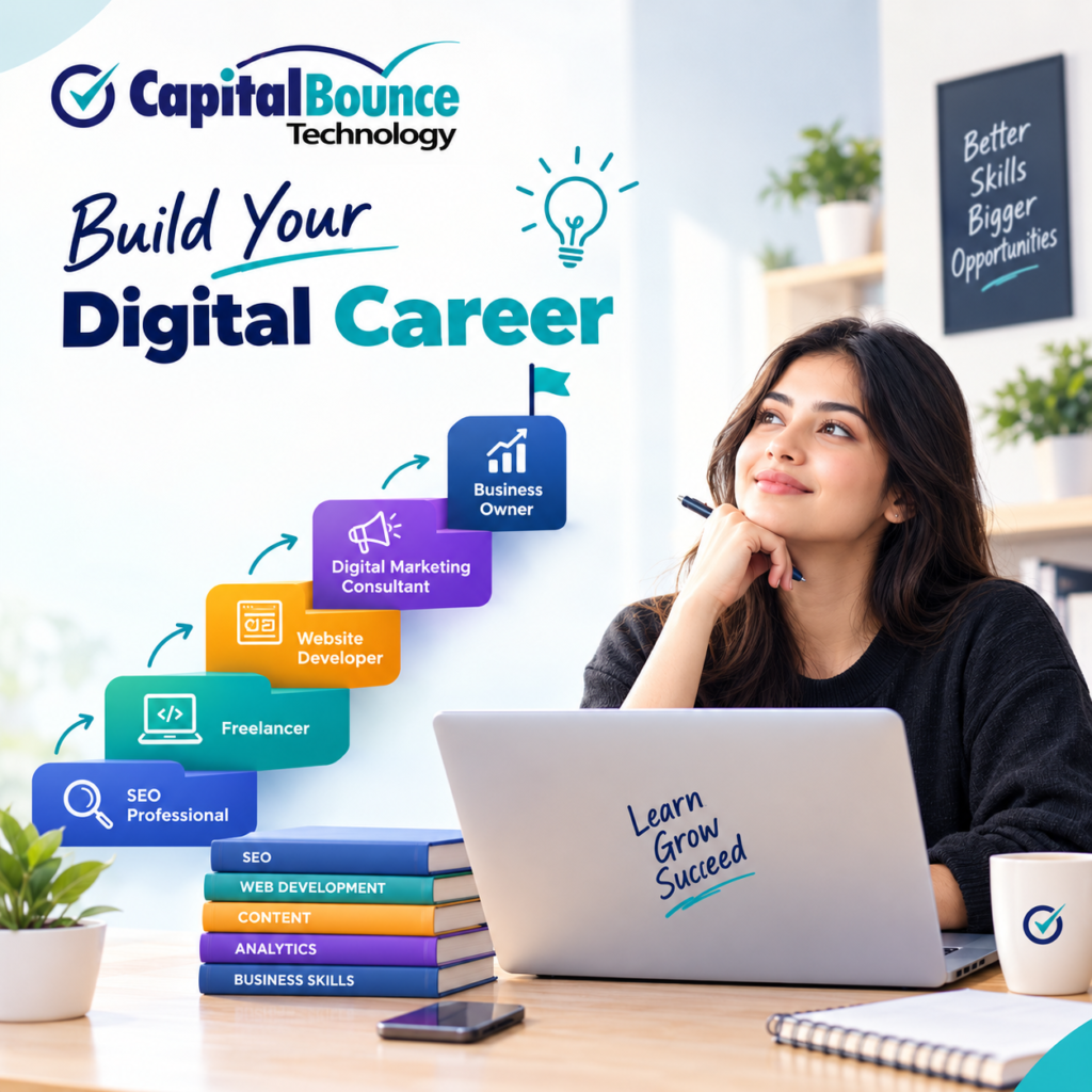 Young professional working on a laptop with a digital career growth path illustration showing SEO, freelancing, web development, digital marketing, and business ownership, alongside Capital Bounce Technology branding.
