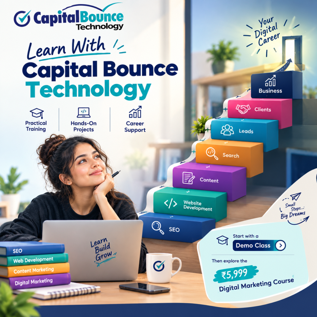 Student learning digital marketing on a laptop with a colorful career growth staircase showing SEO, website development, content, search, leads, clients, and business, alongside Capital Bounce Technology training and course promotion.