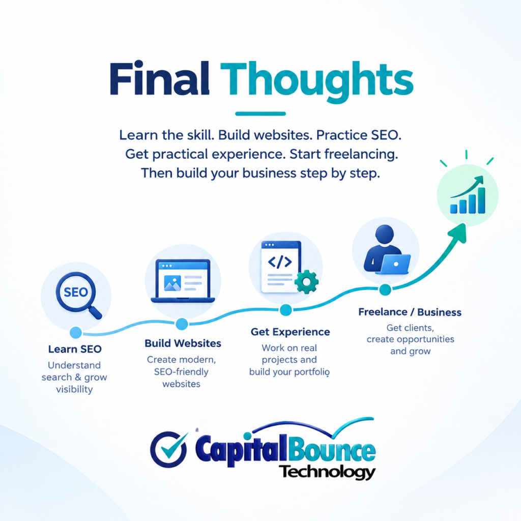 Final Thoughts – SEO, website development, practical experience, freelancing, and business growth roadmap with Capital Bounce Technology logo.