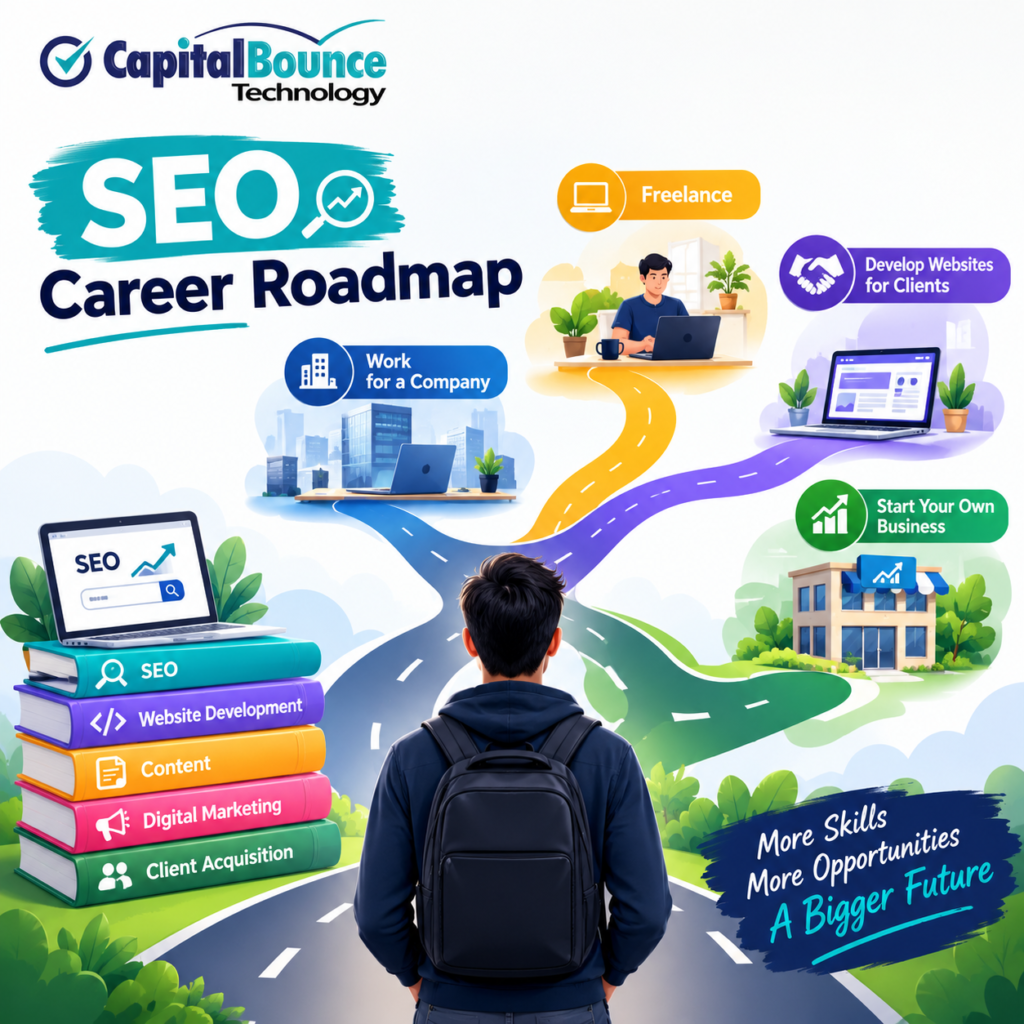 SEO Career Roadmap graphic showing SEO, website development, content, digital marketing, and client acquisition skills leading to career opportunities in company jobs, freelancing, website development for clients, and starting a digital marketing business, with Capital Bounce Technology branding.