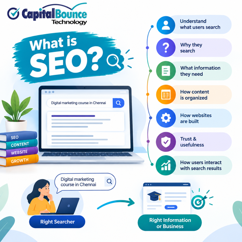 What is SEO infographic showing how SEO connects the right searcher with the right information or business by understanding search intent, user needs, content organization, website structure, trust, and search result interactions. Capital Bounce Technology branding included.