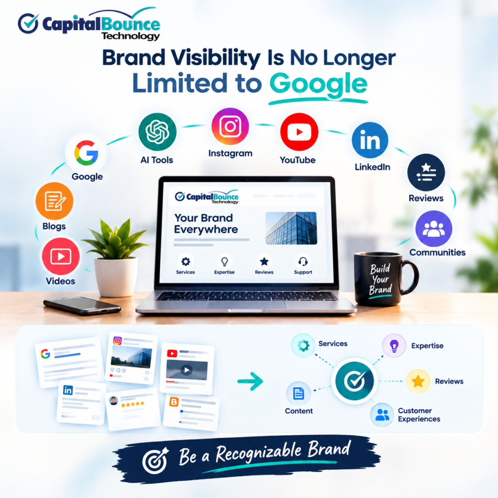 Brand visibility beyond Google with CapitalBounce Technology, showing a business presence across AI tools, Instagram, YouTube, LinkedIn, reviews, communities, blogs, and videos.
