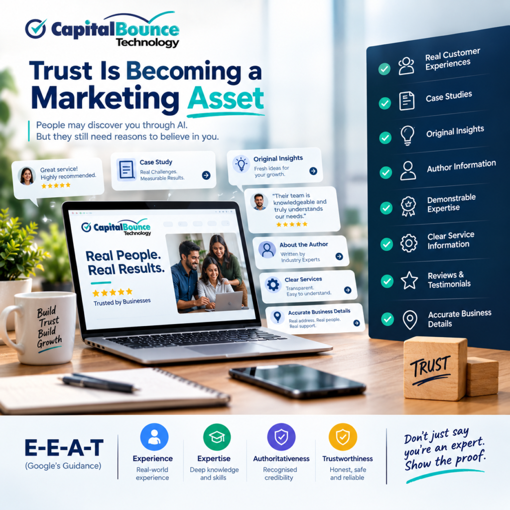 Trust as a marketing asset, showing customer experiences, case studies, expertise, reviews, testimonials, accurate business details, and E-E-A-T principles for building brand credibility.