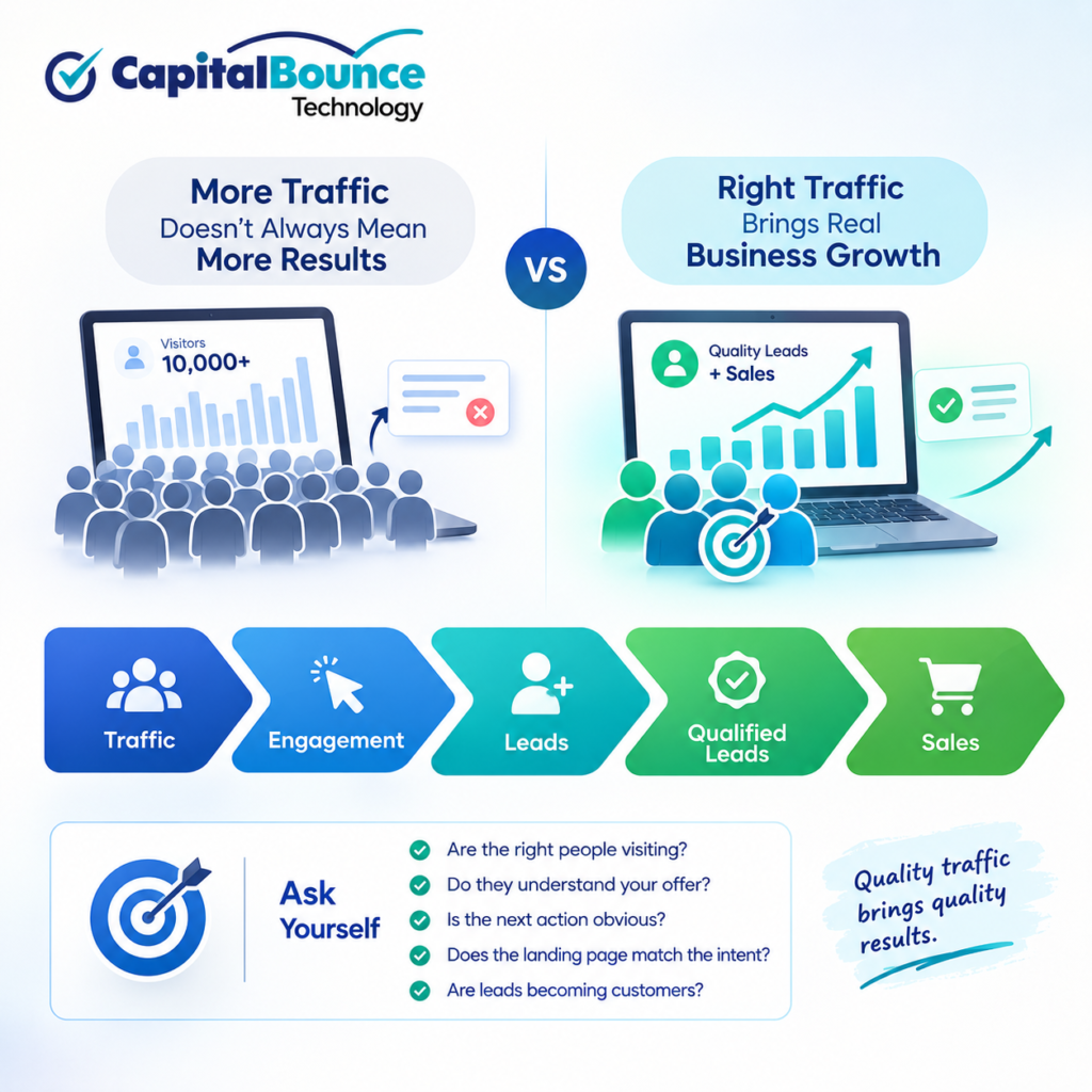 A Capital Bounce Technology infographic showing why quality traffic matters more than traffic volume, comparing high website traffic with qualified leads and sales, and illustrating the conversion path from traffic to engagement, leads, qualified leads, and sales.
