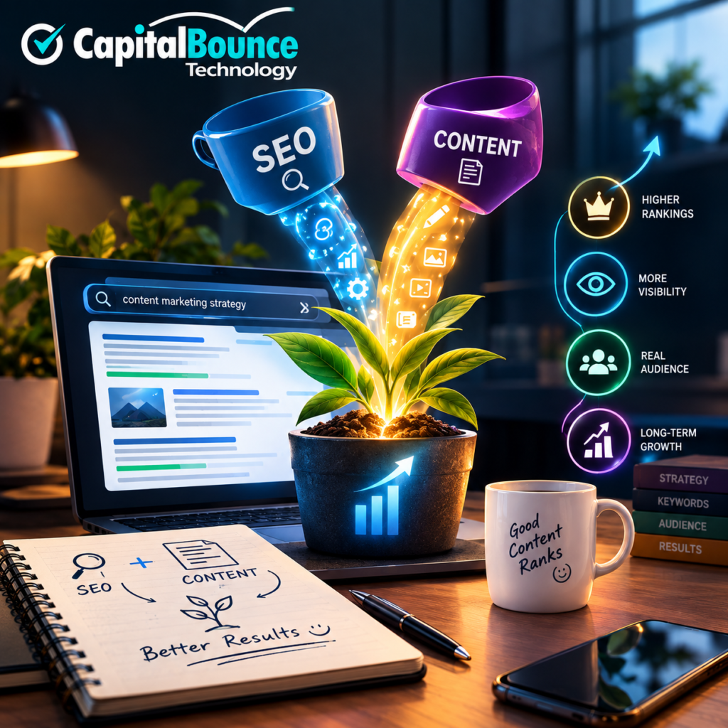 Creative SEO and content marketing concept showing SEO and content working together to grow website rankings, visibility, audience, and results.