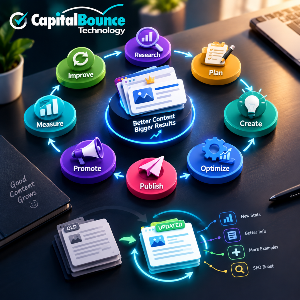 Content marketing workflow showing research, planning, creation, optimization, publishing, promotion, measurement, and improvement, with old content updated for better results.