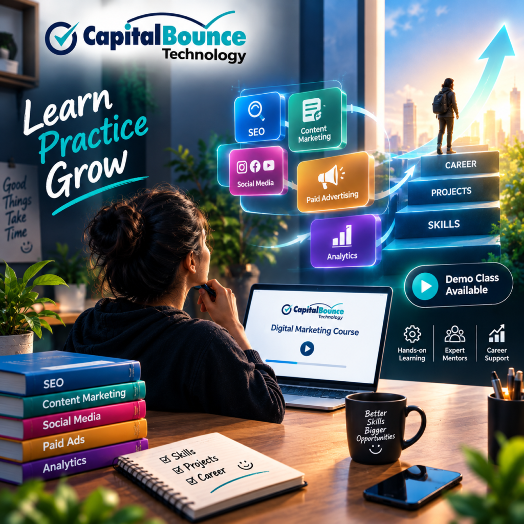 CapitalBounce Technology digital marketing course graphic showing a learner progressing through SEO, content marketing, social media, paid ads, and analytics toward career opportunities.