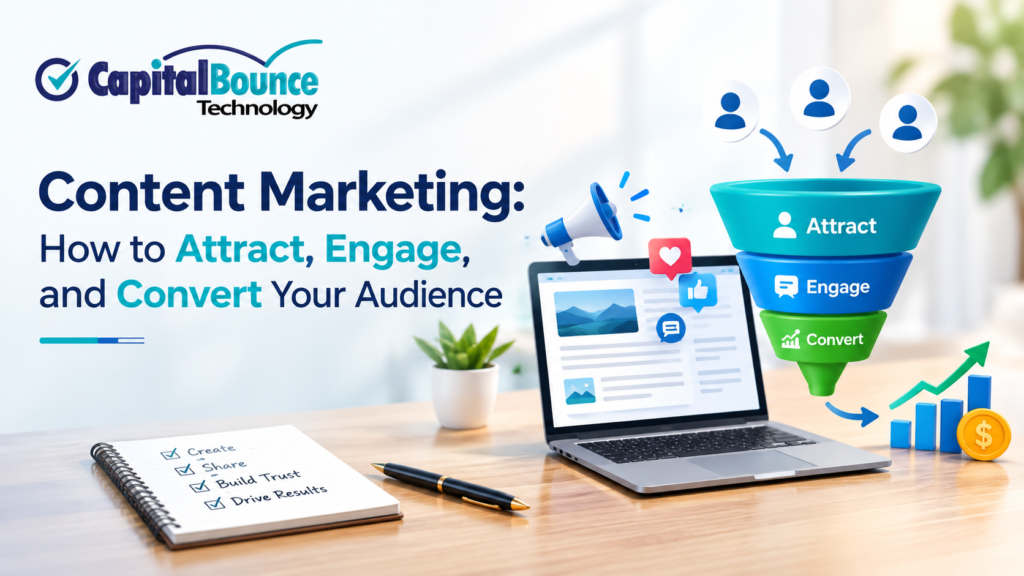 Content marketing strategy showing content creation, audience engagement, conversion funnel, and business growth with CapitalBounce Technology branding.