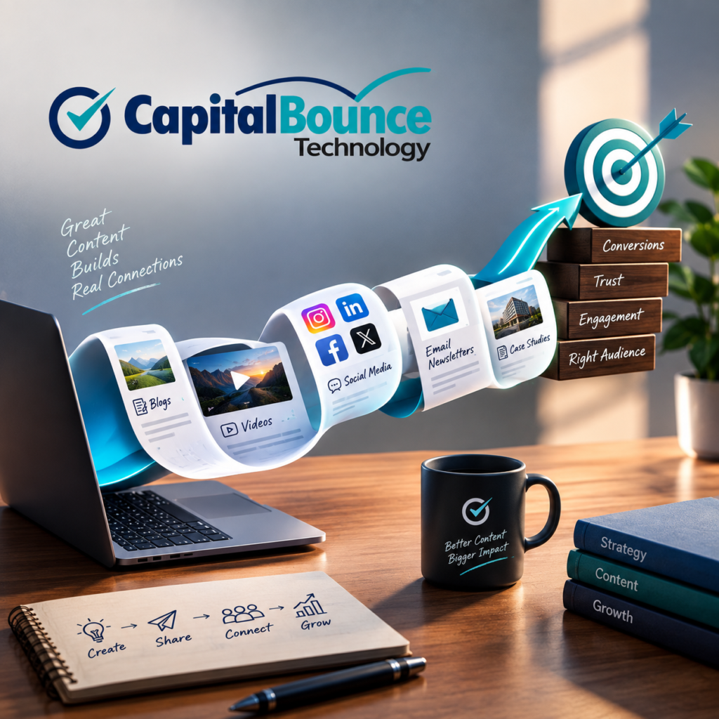 Square CapitalBounce Technology content marketing illustration showing a laptop generating blogs, videos, social media, email newsletters, and case studies, flowing toward a target through stages of audience reach, engagement, trust, and conversion, with the CapitalBounce Technology logo prominently displayed.