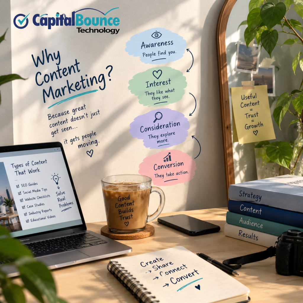 Content marketing concept featuring the Capital Bounce Technology logo, a creative workspace, and a visual journey from awareness to interest, consideration, and conversion.
