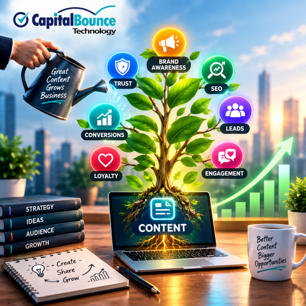 “Creative digital marketing illustration showing content as a growing tree with icons for brand awareness, trust, SEO, leads, engagement, conversions, and customer loyalty, representing how content marketing drives business growth.”