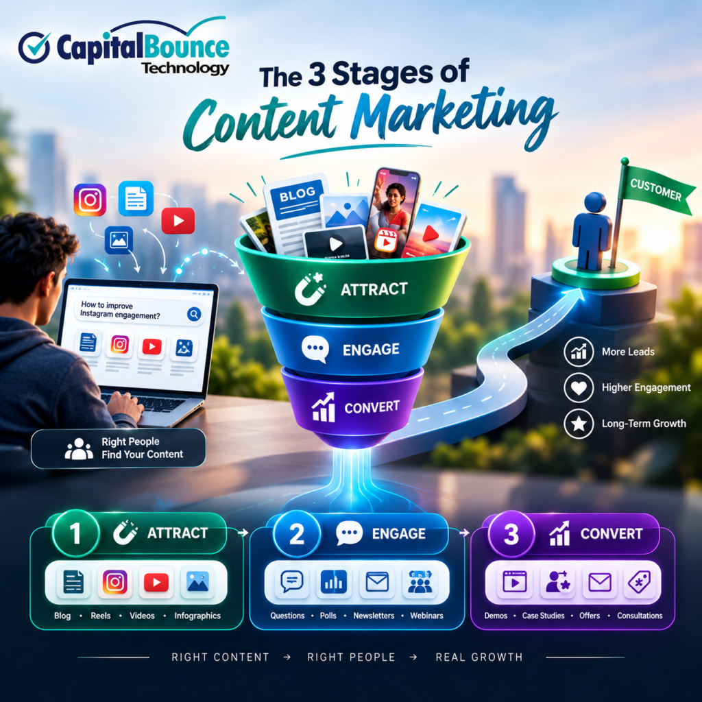 “Square digital marketing funnel illustration showing a customer journey from Attract to Engage to Convert, with creative visual icons representing content, interaction, trust, and business growth.”