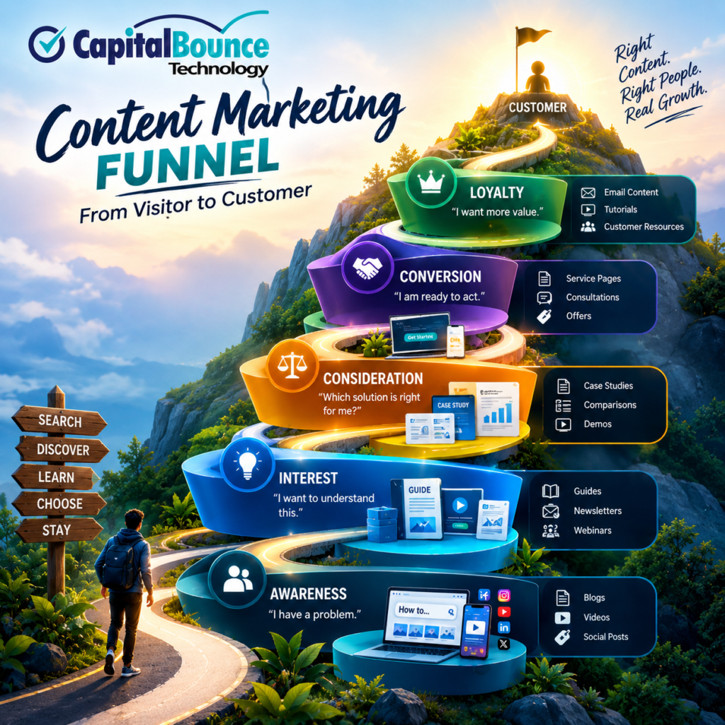 “Square innovative illustration of a digital content marketing funnel guiding a visitor through awareness, interest, consideration, conversion, and loyalty toward becoming a customer, using modern growth and content icons.”