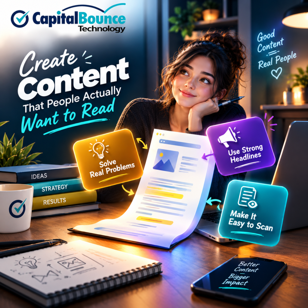 Creative digital marketing graphic showing content creation, strong headlines, problem-solving, and easy-to-scan content.