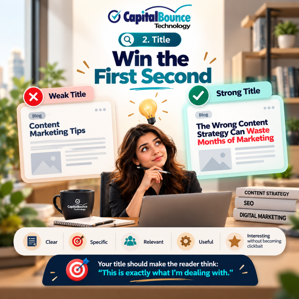 CapitalBounce Technology infographic explaining how strong titles win attention, comparing a weak content marketing title with a specific, problem-focused title.