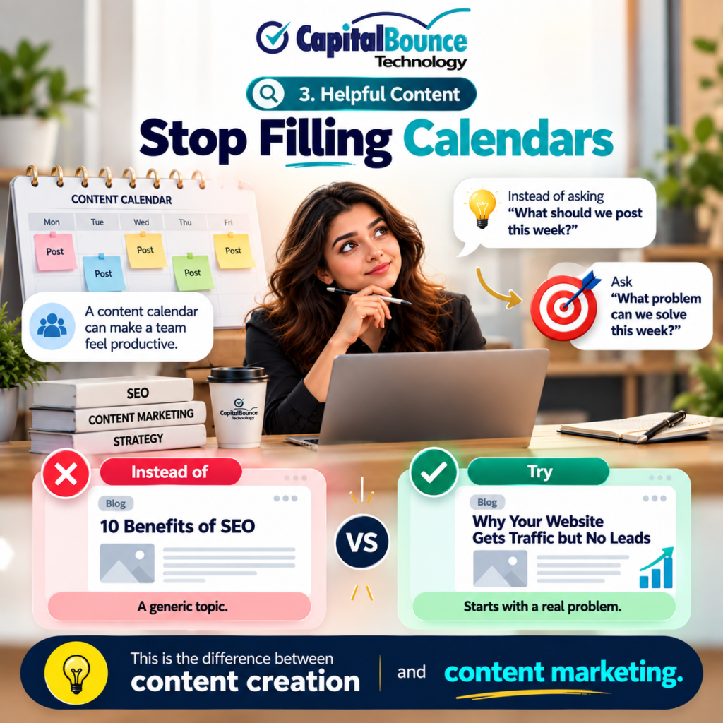 CapitalBounce Technology infographic explaining helpful content marketing, showing why solving real audience problems is more effective than simply filling a content calendar.