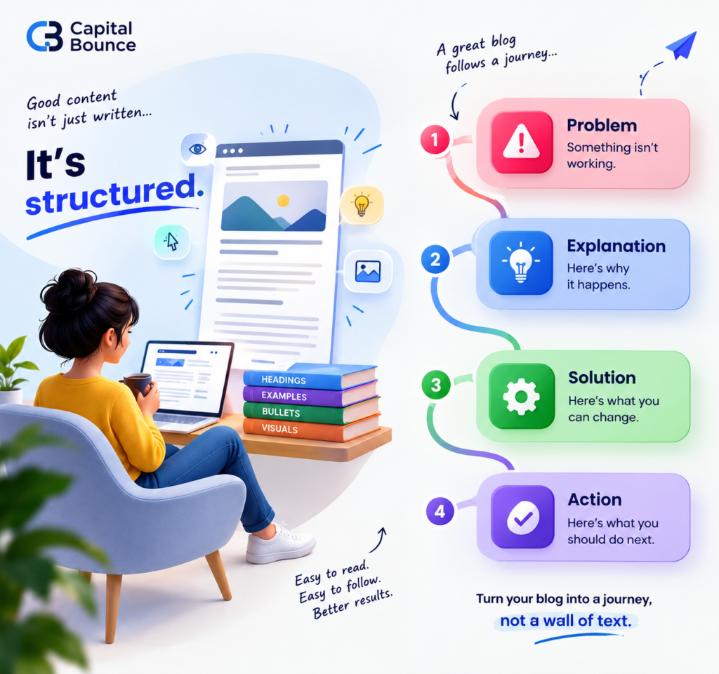 Modern blog structure illustration showing a content journey from Problem → Explanation → Solution → Action, highlighting clear headings, short paragraphs, visual breaks, and easy-to-read content design.