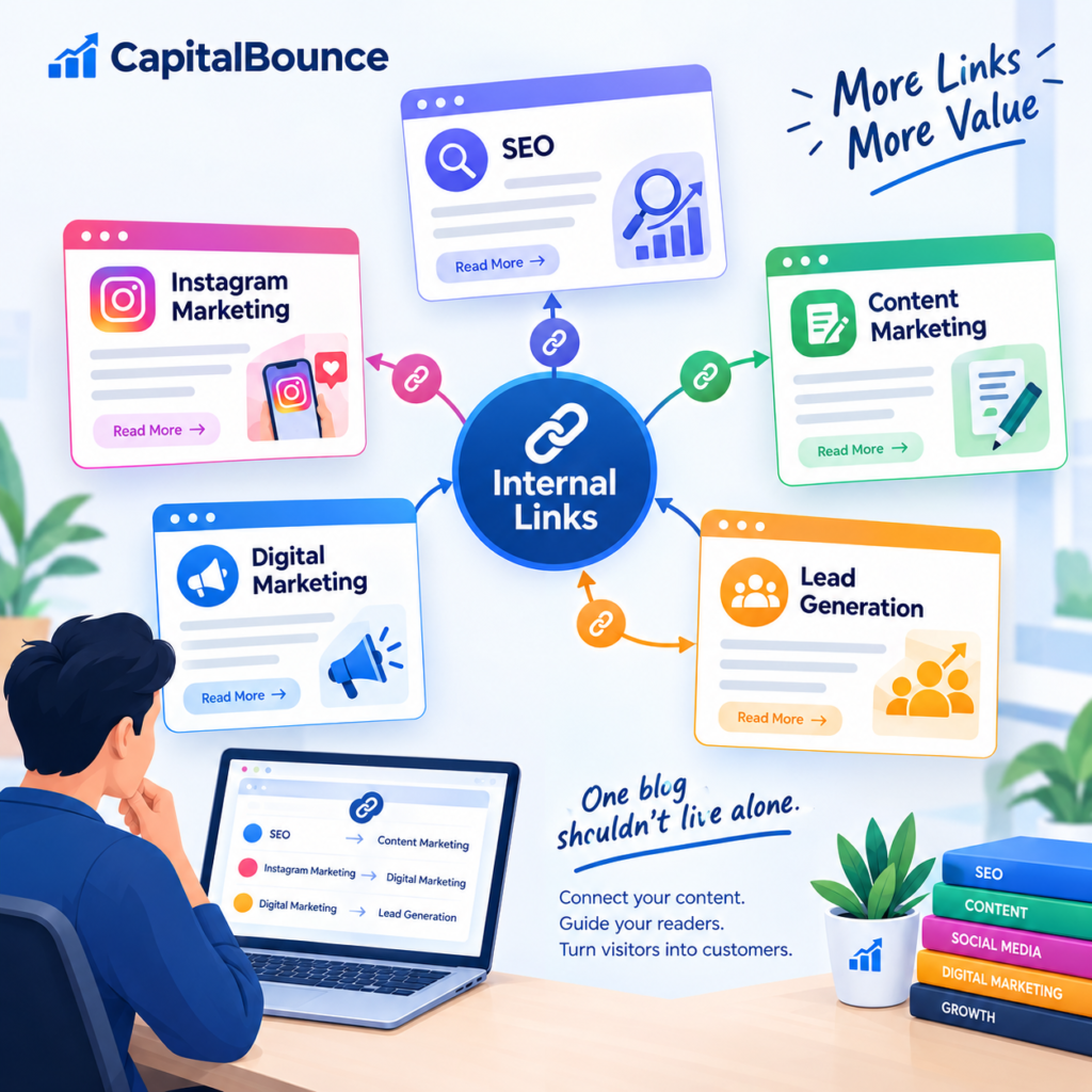 Internal linking infographic by CapitalBounce showing how SEO, Instagram marketing, content marketing, digital marketing, and lead generation articles connect through internal links to guide readers, improve website navigation, and turn visitors into customers.