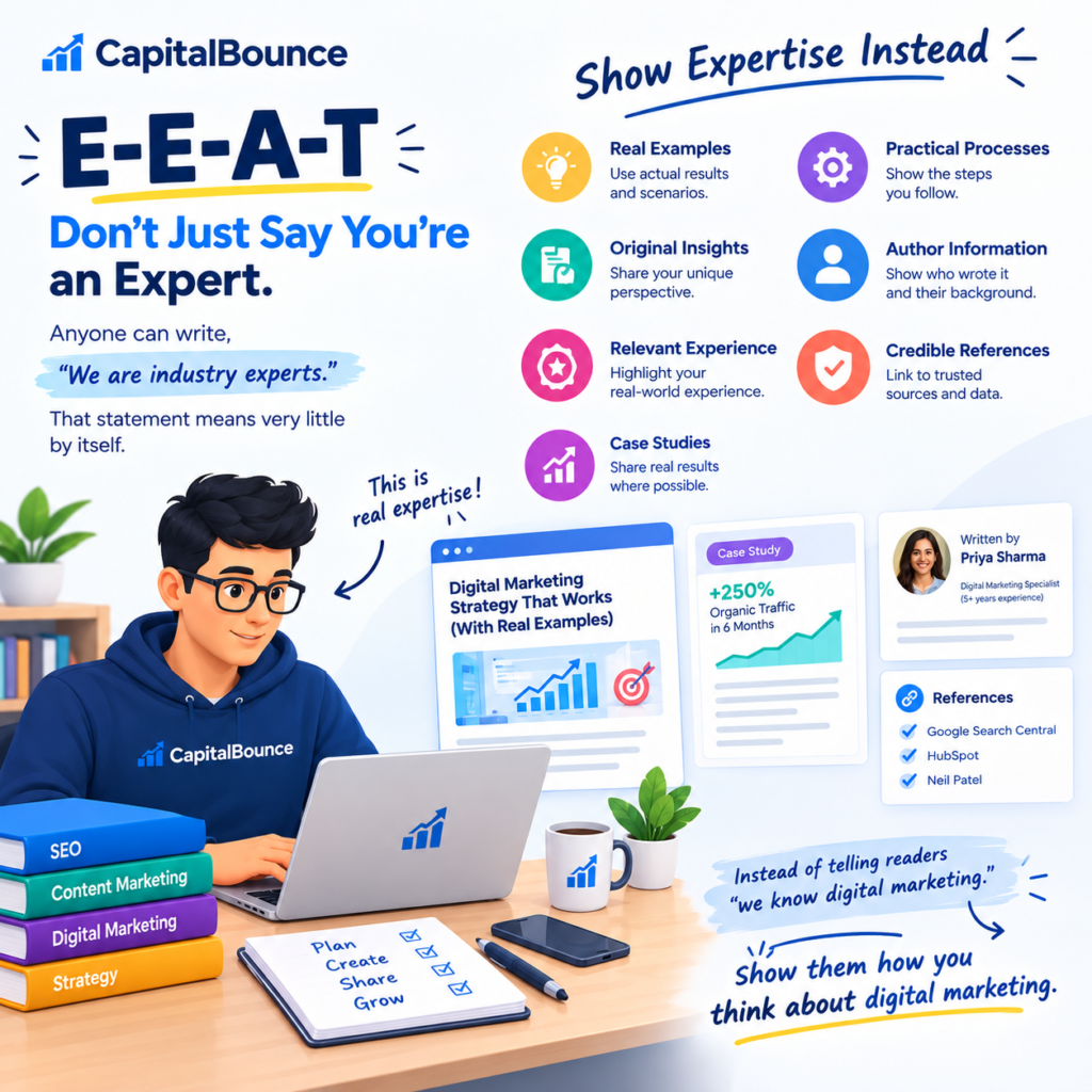 E-E-A-T SEO strategy showing how businesses can demonstrate expertise through real examples, practical processes, original insights, author information, relevant experience, credible references, and case studies instead of simply claiming to be industry experts.