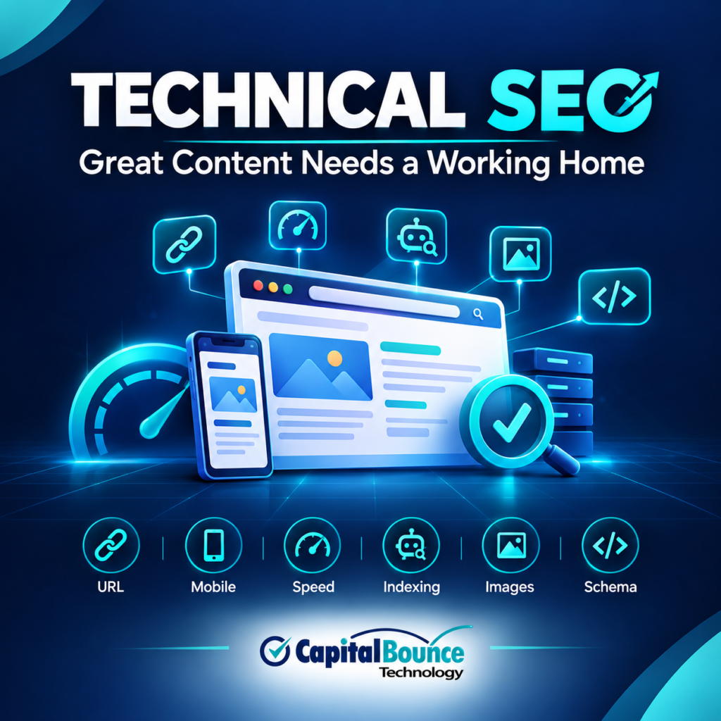 A modern technical SEO infographic featuring website optimization, mobile responsiveness, page speed, indexing, image optimization, and structured data icons in a futuristic blue and teal design, with Capital Bounce Technology branding.