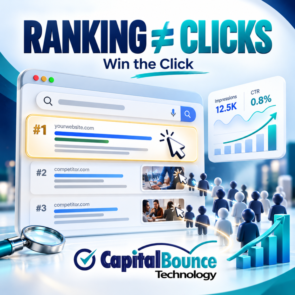 CapitalBounce Technology digital marketing illustration showing Google search rankings, SEO optimization, and strategies to improve organic click-through rates.