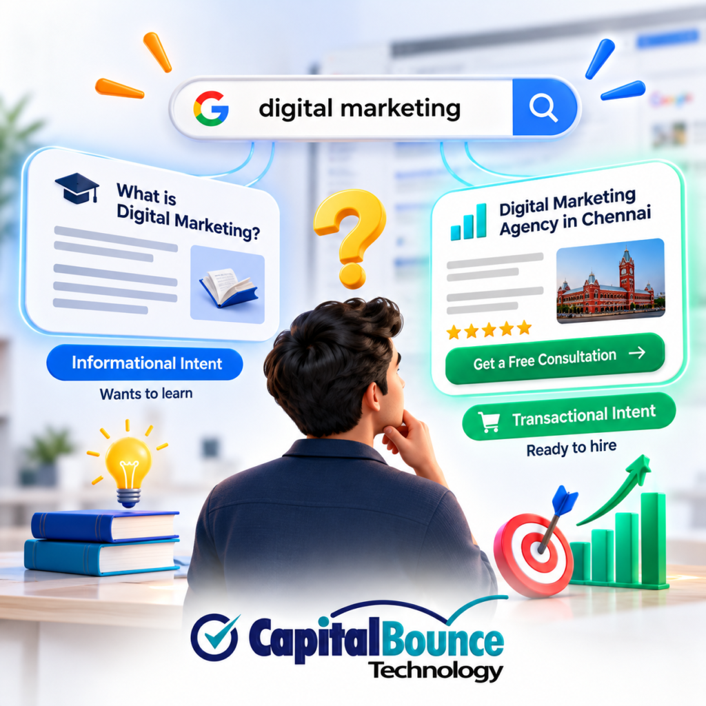 CapitalBounce Technology SEO illustration explaining search intent, comparing informational searches like “What is SEO?” with transactional searches like “SEO agency in Chennai” to help businesses attract the right customers.