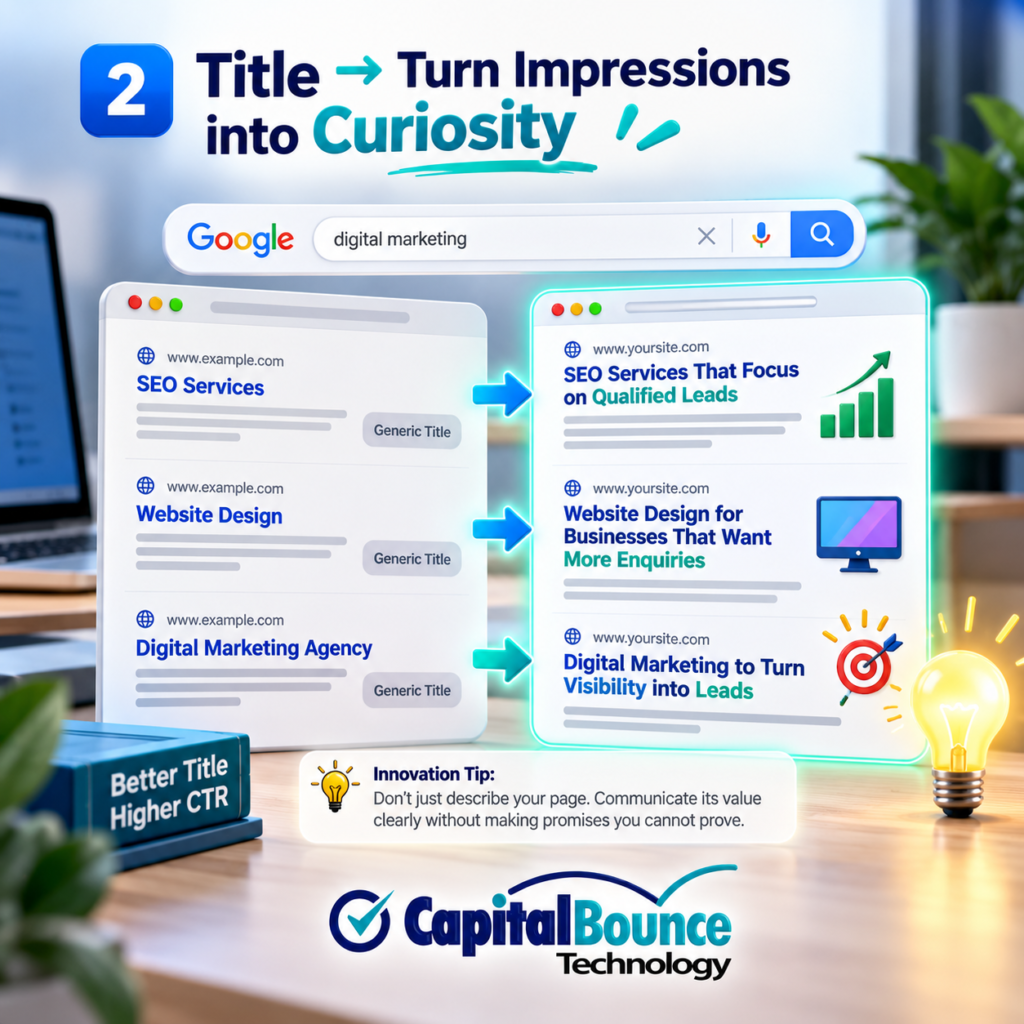 CapitalBounce Technology SEO infographic comparing generic and compelling Google search titles, showing how benefit-focused title optimization can improve organic click-through rates and attract potential customers.