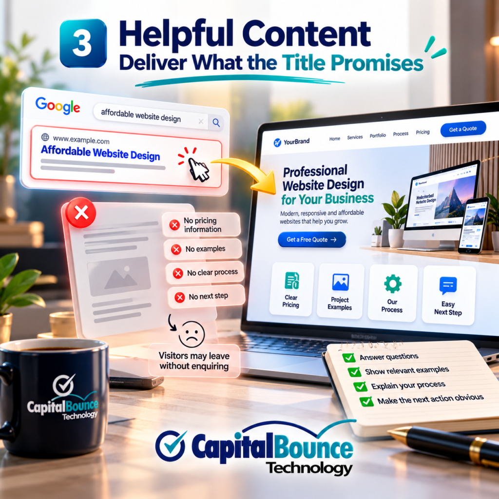 CapitalBounce Technology illustration showing helpful content that delivers on its title promise, comparing a website with missing pricing and examples against a professional website with clear information, project examples, transparent pricing, and a strong call to action.