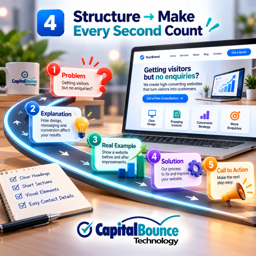 CapitalBounce Technology infographic illustrating a five-step content structure: problem, explanation, real example, solution, and call to action, showing how clear headings, short sections, engaging visuals, and accessible contact details improve website user experience and conversions.