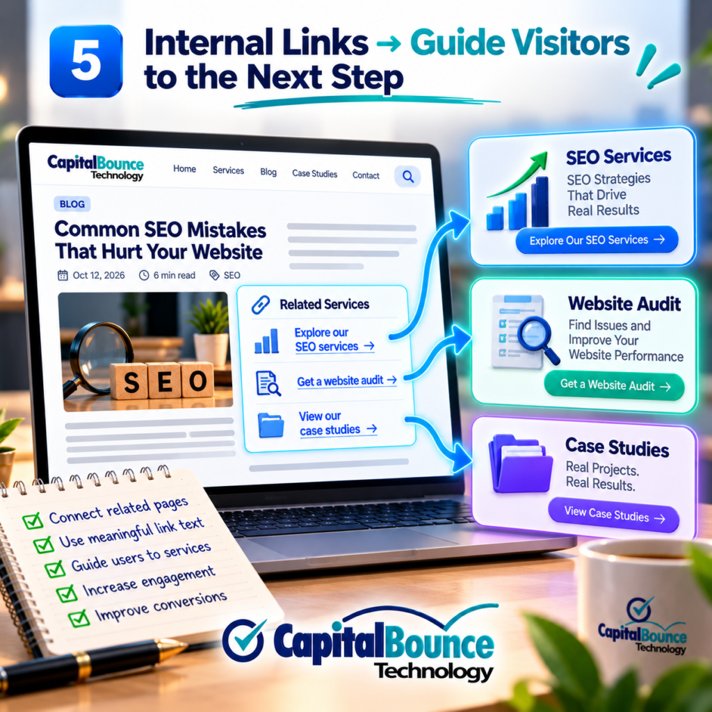CapitalBounce Technology infographic illustrating internal linking in SEO, showing how a blog post connects visitors to SEO services, website audits, and case studies using relevant anchor text to improve website navigation, user engagement, and conversions.