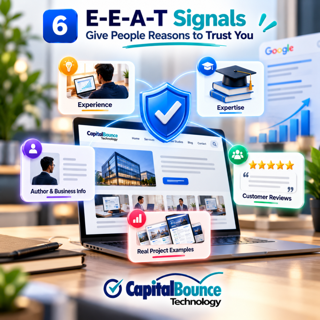 CapitalBounce Technology infographic illustrating E-E-A-T SEO signals, featuring a trust shield and checkmark surrounded by experience, expertise, author information, customer reviews, and real project examples to demonstrate website credibility and build customer trust.