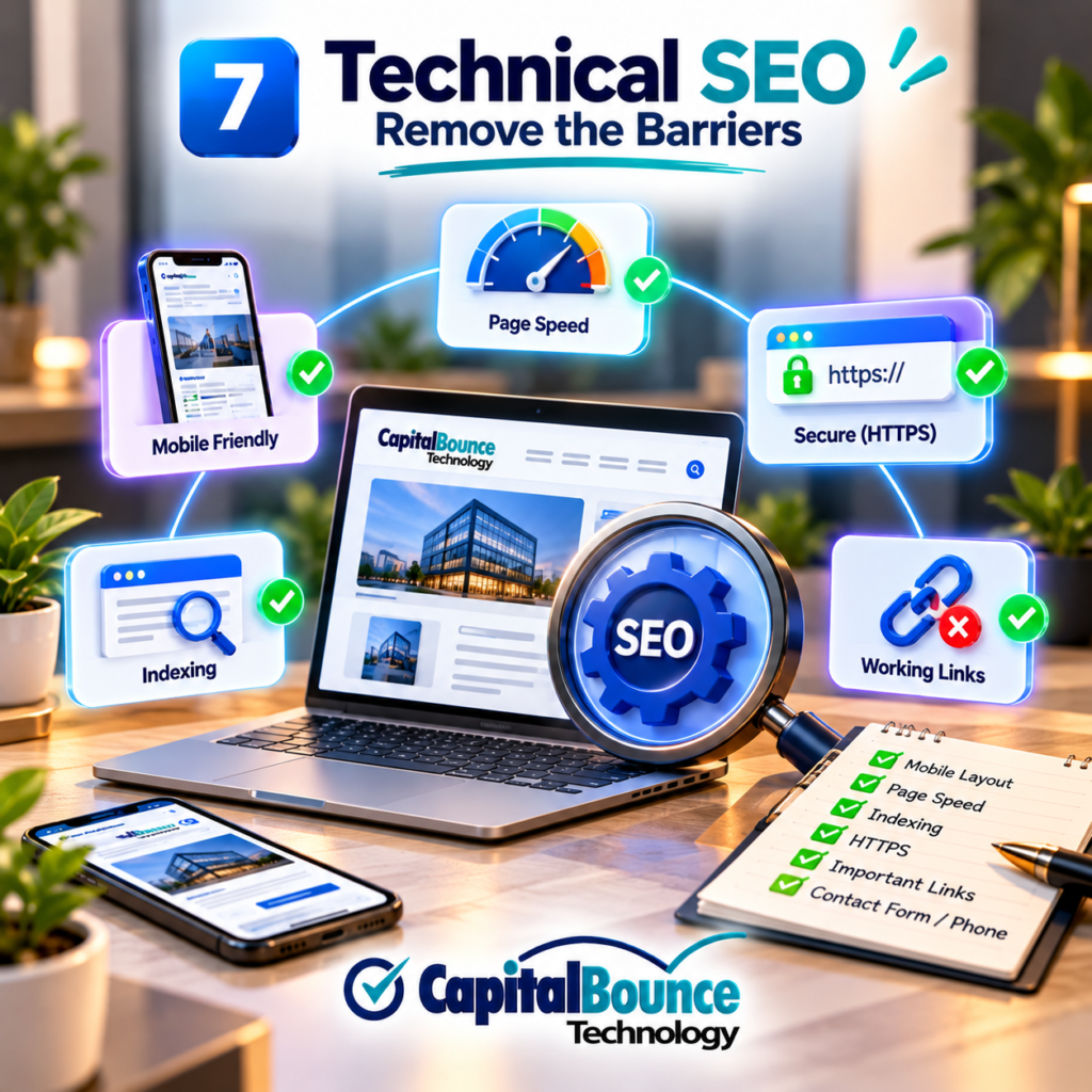 CapitalBounce Technology infographic illustrating technical SEO, featuring website speed optimization, mobile responsiveness, HTTPS security, search engine indexing, and working links to improve website performance, user experience, and search visibility.