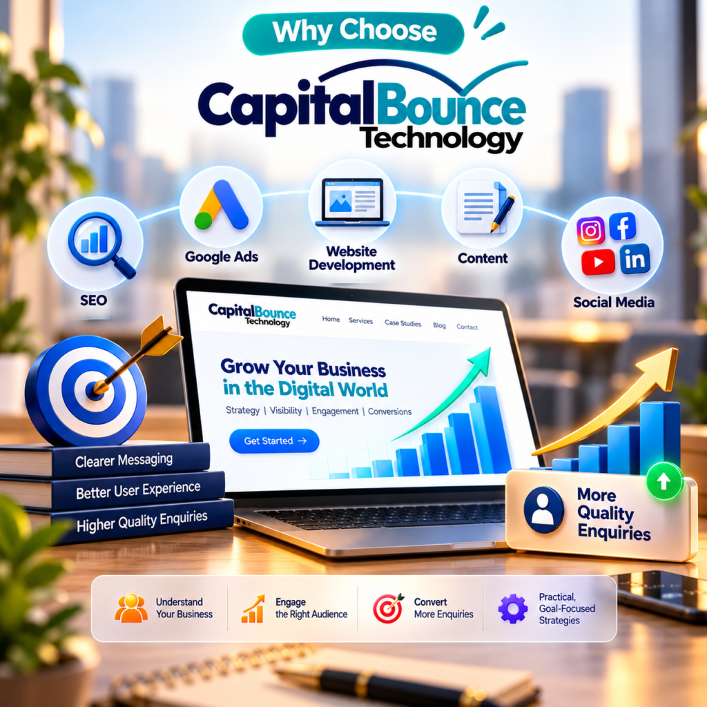 CapitalBounce Technology digital marketing illustration showcasing SEO, Google Ads, website development, content marketing, and social media services, with a laptop displaying business growth analytics, rising charts, and a target representing clearer messaging, better user experience, and higher-quality customer enquiries.