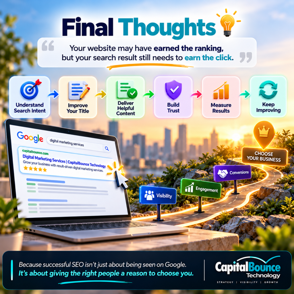 CapitalBounce Technology SEO infographic illustrating the final steps to improve search performance: understand search intent, optimize titles, deliver helpful content, build trust, measure results, and continuously improve, emphasizing that successful SEO turns Google visibility into clicks, engagement, and qualified enquiries.