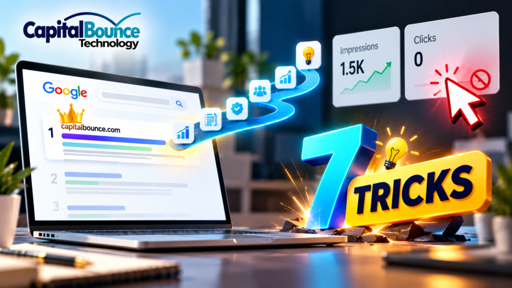 CapitalBounce Technology SEO featured image showing a Google search result ranked first with zero clicks, highlighting 7 SEO tricks to improve organic click-through rates.