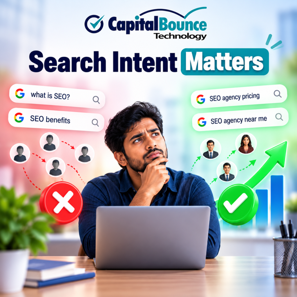 Search intent matters in SEO, comparing low-intent searches like “what is SEO?” with high-intent searches like “SEO agency near me,” showing the difference in lead potential. CapitalBounce Technology.