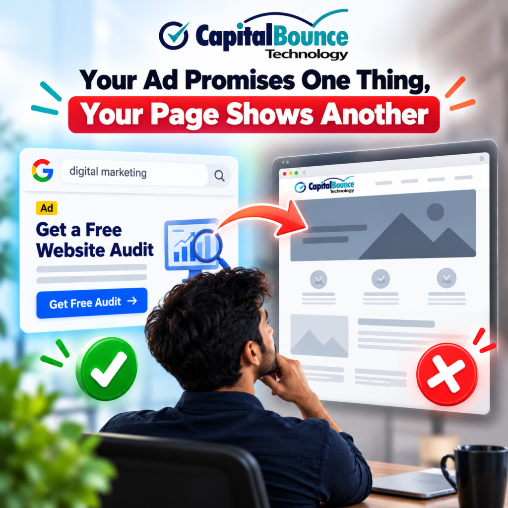 Digital marketing ad and landing page mismatch showing a “Get a Free Website Audit” ad leading to a generic webpage, highlighting poor ad-to-landing-page alignment and lost conversions.