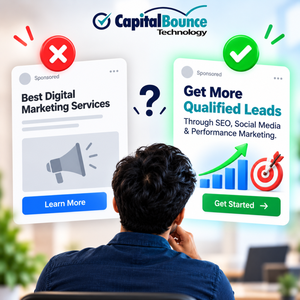Digital marketing ad copy comparison showing a generic “Best Digital Marketing Services” message versus a specific “Get More Qualified Leads” offer using SEO, social media, and performance marketing.