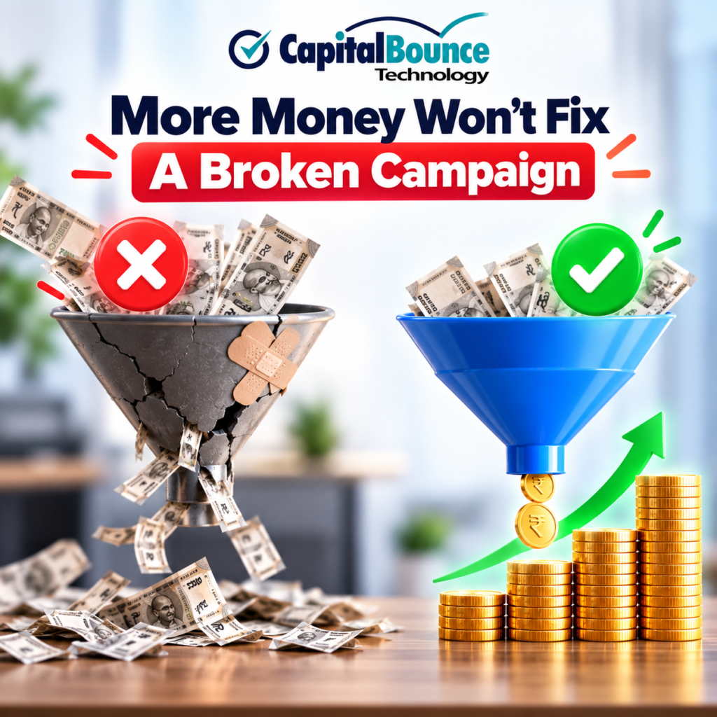 Digital marketing campaign illustration showing wasted ad budget leaking from a broken funnel versus optimized budget generating growth, with the headline “More Money Won’t Fix a Broken Campaign” and CapitalBounce Technology branding.