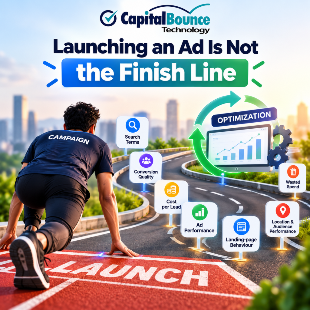 Digital marketing optimization illustration showing that launching an ad is not the finish line, with a campaign progressing through search terms, conversion quality, cost per lead, ad performance, landing-page behavior, audience performance, and wasted-spend checks.