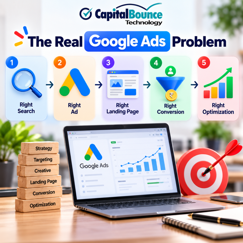 The Real Google Ads Problem showing five key steps for successful advertising: right search, right ad, right landing page, right conversion, and right optimization, with CapitalBounce Technology branding.