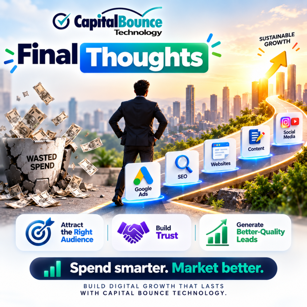 Final thoughts on Google Ads and digital growth, showing CapitalBounce Technology connecting Google Ads, SEO, websites, content and social media to attract the right audience, build trust and generate better-quality leads.