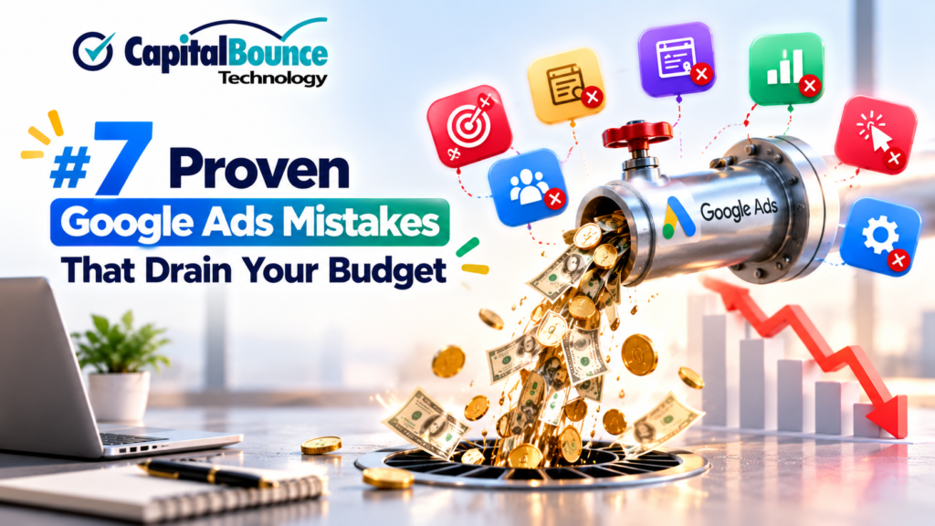 7 proven Google Ads mistakes that can drain your advertising budget, illustrated with wasted money flowing into a drain and warning icons for common campaign errors.